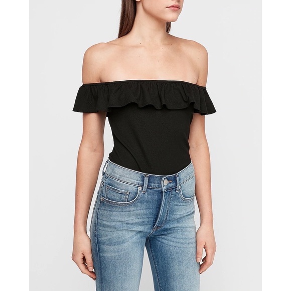 Express Ribbed Ruffle Off The Shoulder Bodysuit - Picture 1 of 3